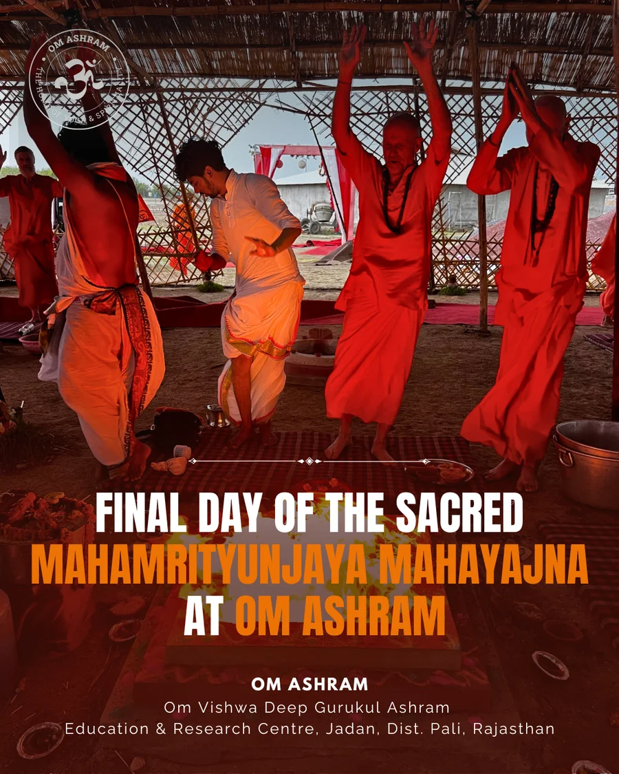 Participants with raised hands cheering at the end of the yajna at OM Ashram.